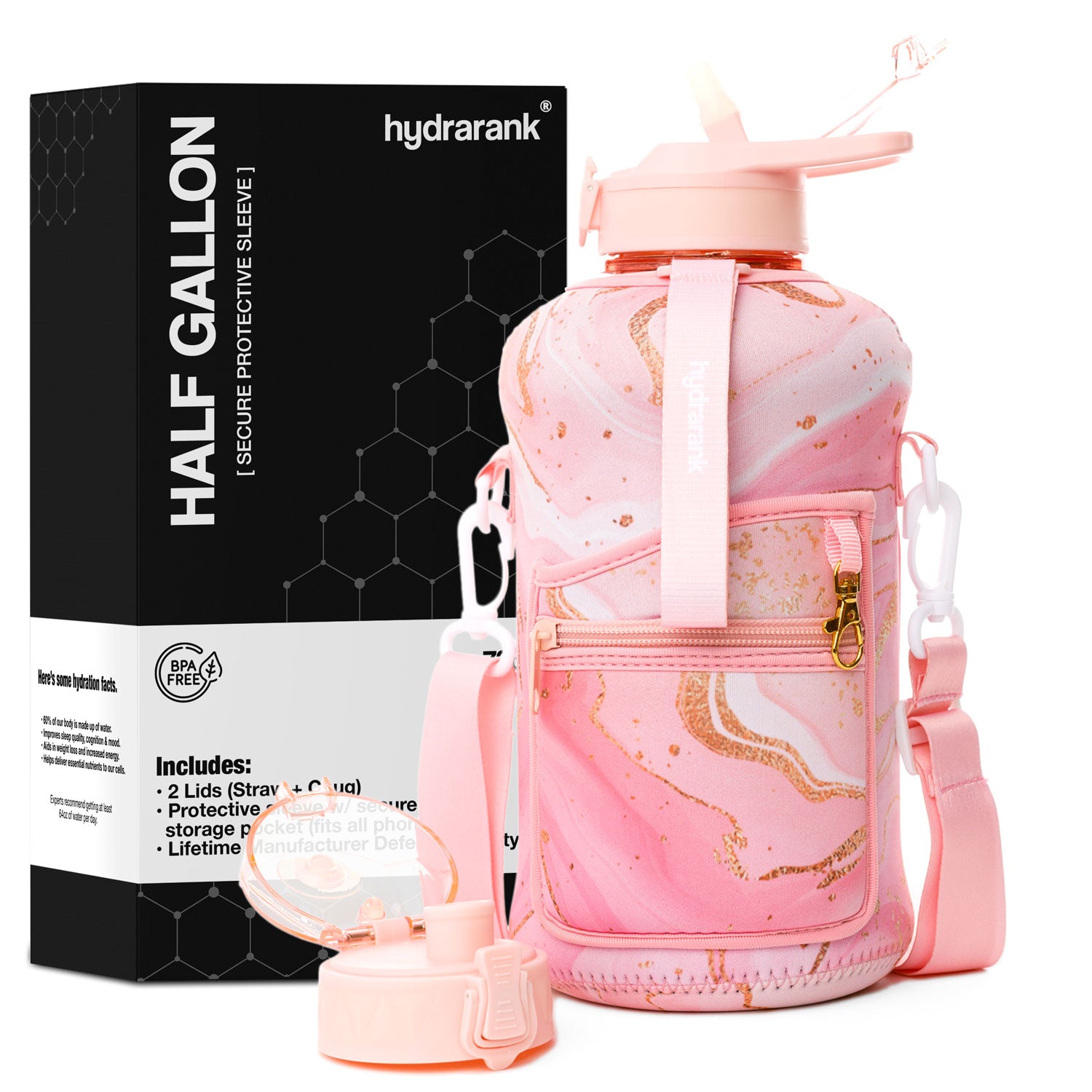 Half Gallon Hydrojug Discontinued Peach Water Bottle Straw Marble Sleeve &  Strap